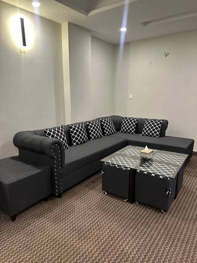 Brand New L-Shaped Sofa Set with Table & 4 Stools (10/10 Condition)