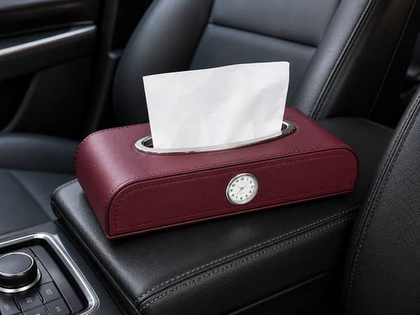 1 Pc Maroon PU Leather Car Tissue Box Holder with Built-In Analog Clock