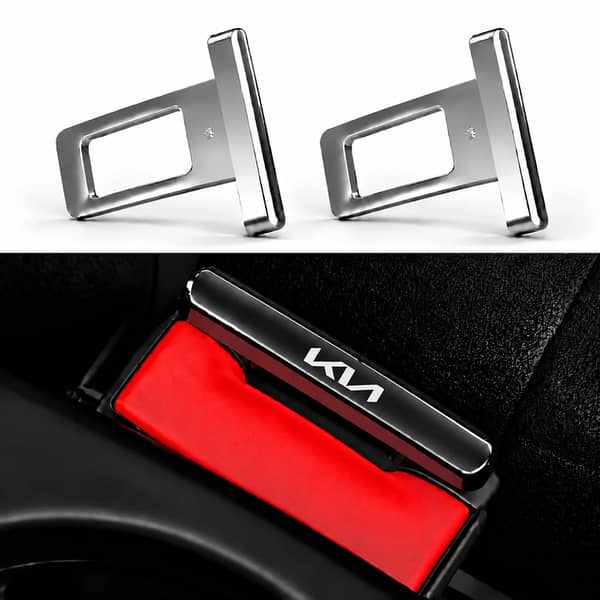 2 Pcs KIA Logo Metal Seat Belt Clip – Metallic Silver Car Seat Belt Buckle Stopper, Safety Belt Holder & Interior Accessory