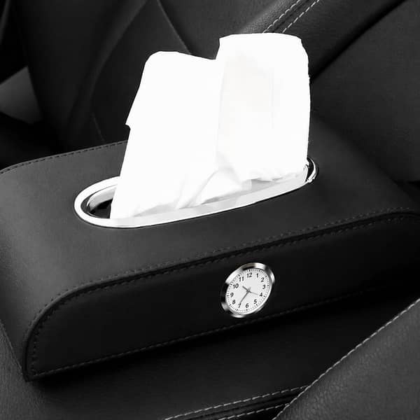1 Pc Black PU Leather Car Tissue Box Holder with Built-In Analog Clock