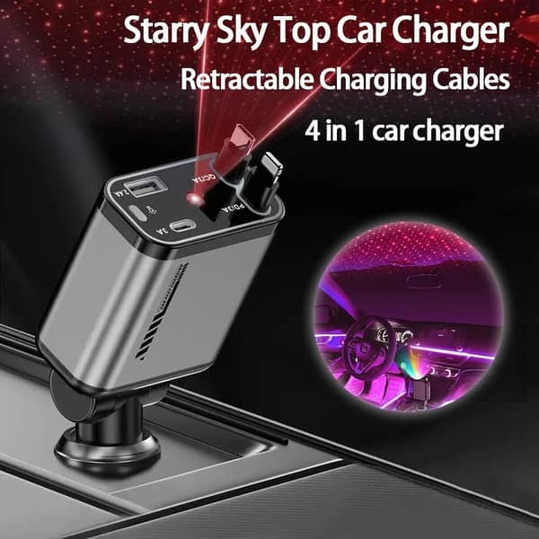 1 Pc 120W Max Retractable 5-in-1 Car Charger with Starry Projection for Car Roof – Type-C and iOS, Cable Included