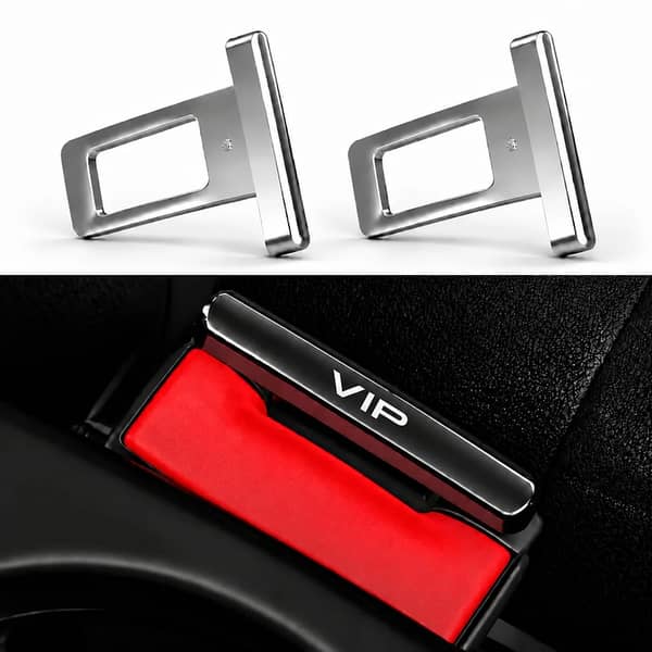 2 Pcs VIP Logo Metal Seat Belt Clips – Metallic Silver Car Seat Belt Buckle Stopper and Interior Accessory