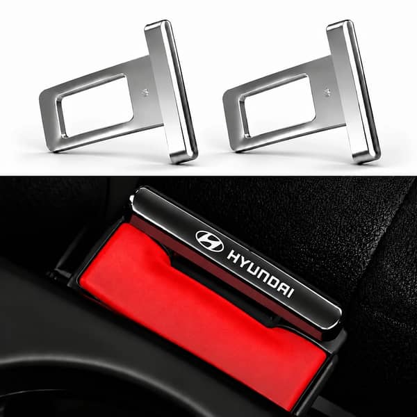 2 Pcs Hyundai Logo Metal Seat Belt Clips – Metallic Silver Buckle Stops (Pair)