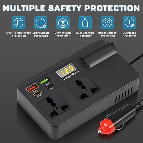 Car Inverter: DC 12V/24V to 110V/220V AC Power Converter with Digital Display and USB PD Type-C Charger