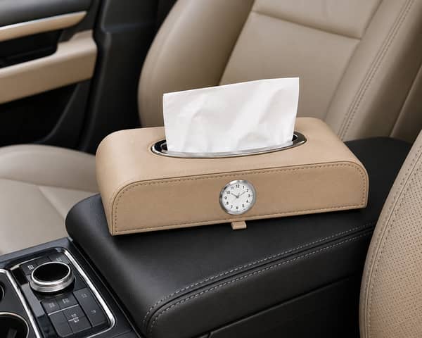 1 Pc Beige PU Leather Car Tissue Box Holder with Built-In Analog Clock