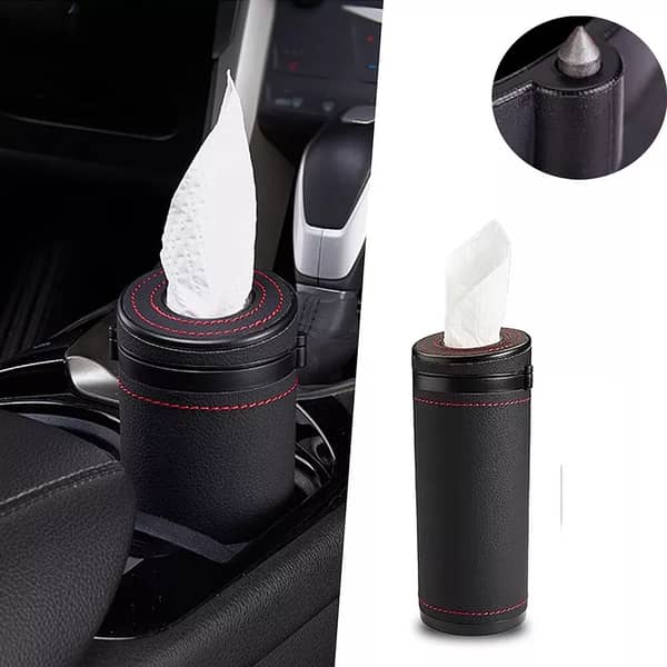 1 Pc Universal PU Leather Car Tissue Box — Cup Holder Mounted Tissue Holder with Red Stitching, Premium Auto Interior Organizer