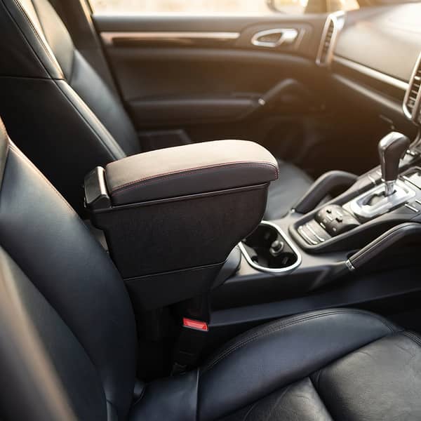 Car Center Console Armrest Storage Box in Black Leather with Cup Holder and Phone Pocket