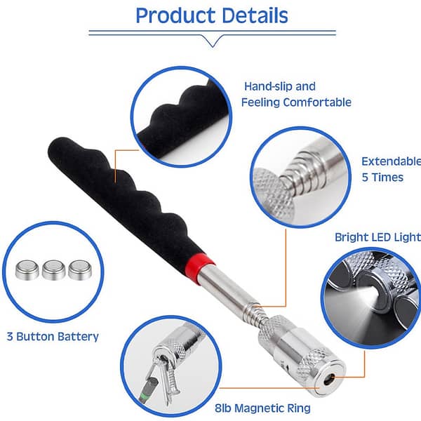 Extendable Magnetic Pickup Tool with LED Light Portable Telescopic Magnet for Auto Repair