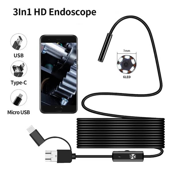3-in-1 Type-C Android USB Endoscope Camera, 6 LEDs Borescope Inspection Mini Camera with Flexible Hard Cable for Android Smartphone, PC, and Tablet - HD Waterproof 2M/5M/10M Options
