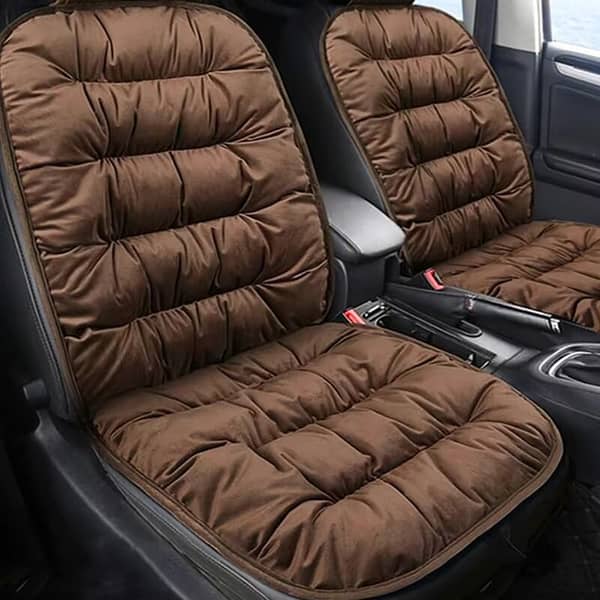 1 Pc Universal Front Car Seat Cushion in Brown Velvet Fabric with Anti-Slip Straps