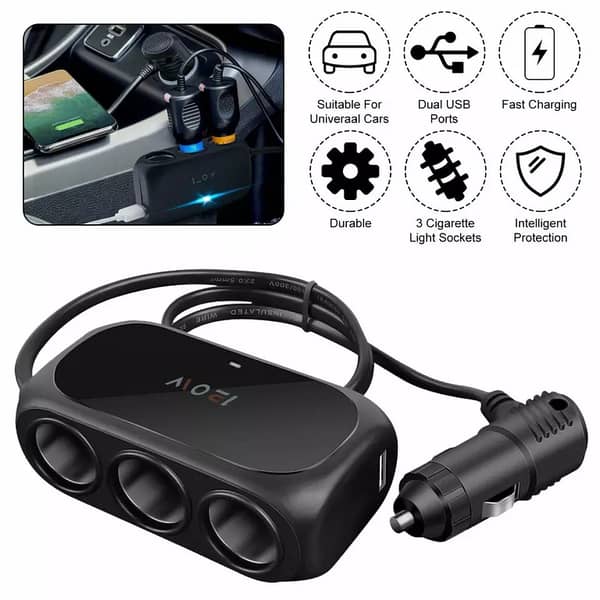 3-Way Car Cigarette Lighter Socket Splitter with Dual USB Charger and LED Power Indicator (DC 12V-24V) – D23
