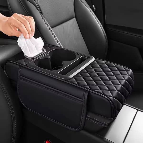 Universal Leather Car Armrest Pad with Center Console Organizer, Tissue Box Holder, Cup Holder and Extra Storage