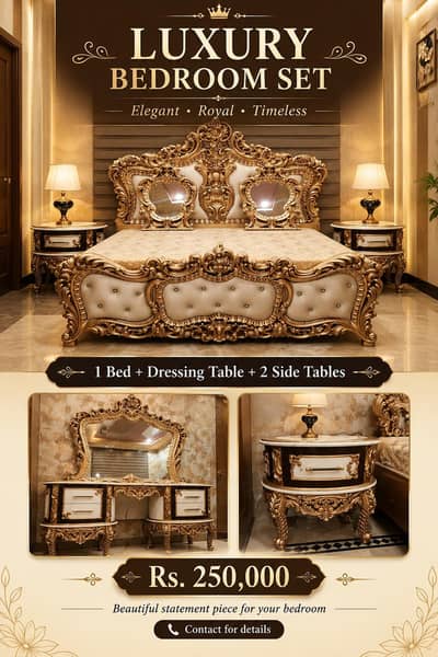 Luxury Royal Bedroom Set – Bed + Dressing Table + 2 Side Tables