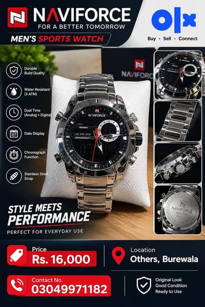Naviforce Men's Silver Stainless Steel Digital & Analog Sports Watch