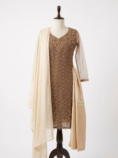 Brown Net Fancy Shirt with Dupatta Heavy Pearl Work Embroidered Dress