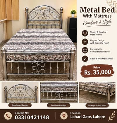 Luxury Stainless Steel Metal Bed with Mattress – Beautiful Design