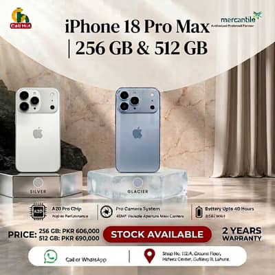 iPhone 18 Pro Max 256GB /512GB  PTA Approved Glacier & Silver Colors