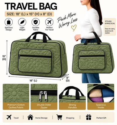 Premium Cotton Quilted Travel Bag – Spacious & Stylish | Rs. 499