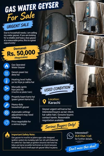Gas Water Geyser for Sale – Urgent Sale, Price Negotiable