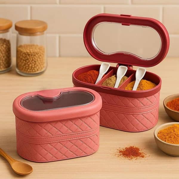 3 Portion Cloth-Texture Spice Jar Box with Spoons