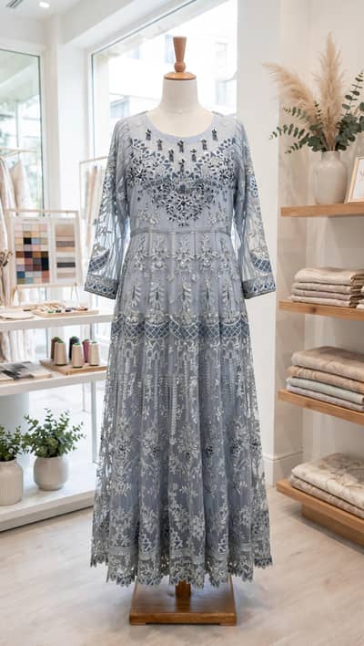 Grey Long Net Embroidery Maxi Frock — 3 Piece Stitched (Pre-Loved)