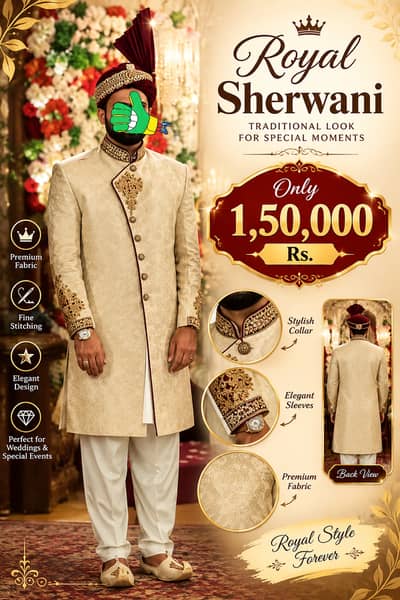 Royal Cream & Gold Embroidered Groom Sherwani – Luxury Wedding Wear