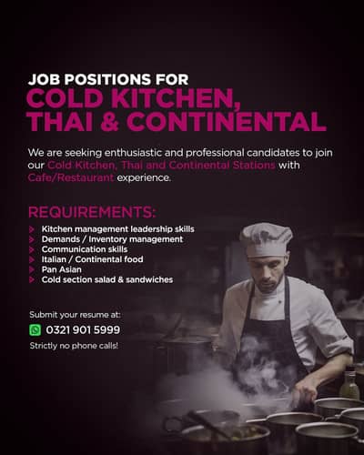 Cook Jobs Available | Cold Kitchen, Thai, Continental & Fry Section