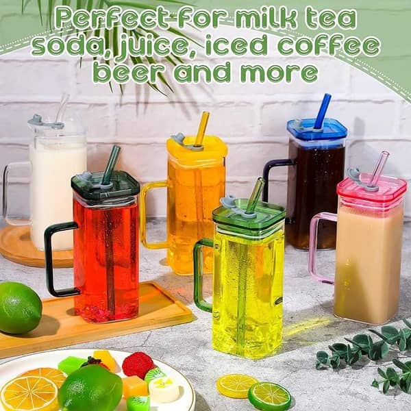 400ml Square Glass Mug with Lid and Straw