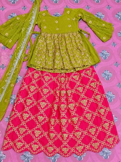 Green Pink Mehndi Sharara Dress For Girls - Size Small Medium