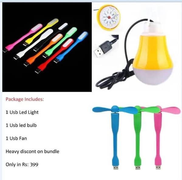 T  Super SALE - Pack of 3 : 1 Led Light, 1 Led Bulb, 1 Usb Fan