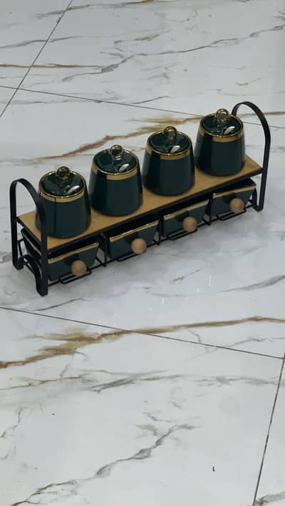 Premium Green & Gold Spice Jar Set with Rack – 8 Pieces