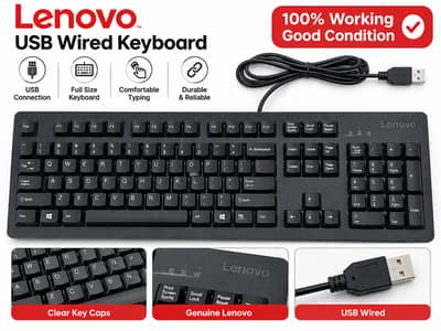 Lenovo USB Wired Keyboard – Full Size, Black, Used, Good Condition