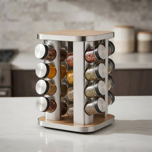 Wooden Top Stainless Steel Revolving Spice Rack Set