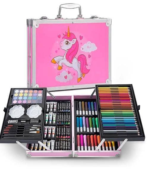 StationeryWorld 145-Piece Art Set with Colours, Paints, Crayons in Pink Briefcase Organiser