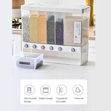 Rice Dispenser, Wall Mounted 6 Grid Dry Food Dispenser Large Cereal Dry Food Storage Containers for Storage Rice Grains Nuts Beans Candy Laundry Dispenser, for Kitchen Pantry