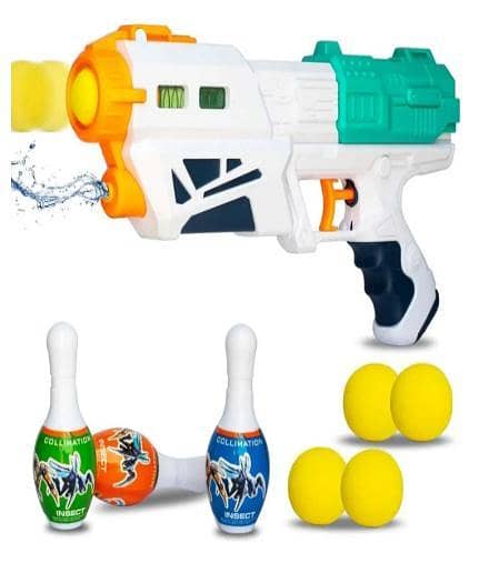 2-in-1 Bowling & Water Shooting Blaster – Magic Blaster Toy with Soft Foam Balls, Foam Darts, Bowling Pins & Water Spray for Kids
