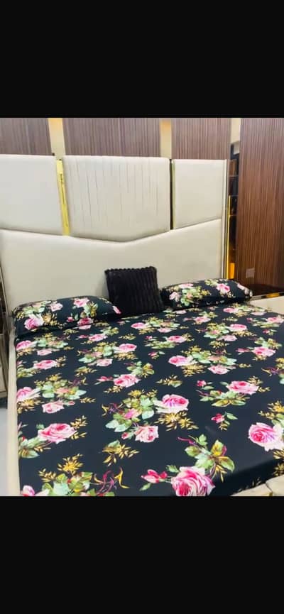Bed set with mirror sidetables,profile mirror wardrobe,and dressing