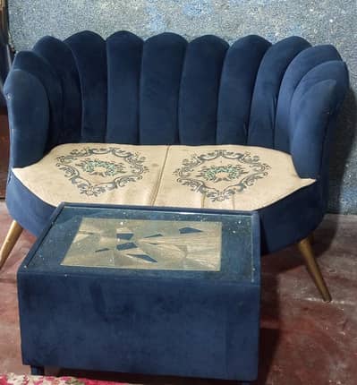 Stylish Navy Blue Sofa Set with Matching Center Table – Good Condition