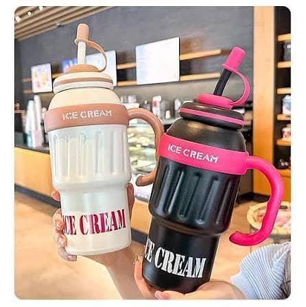Stainless Steel Cute Ice Cream Tumbler Bottle With Straw And Handle 1000ml