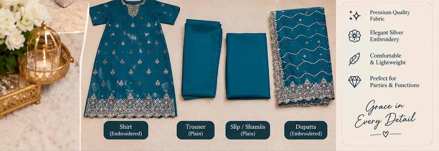 Beautiful Teal Blue Embroidered Frock with Dupatta & Trouser