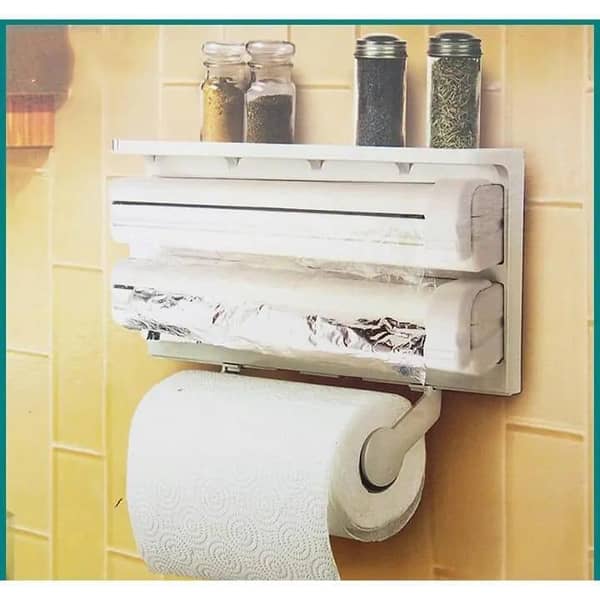 T  3 In 1 Kitchen Shelf Frame Plastic Film Triple Paper Dispenser Preservative Film Spice Shelf