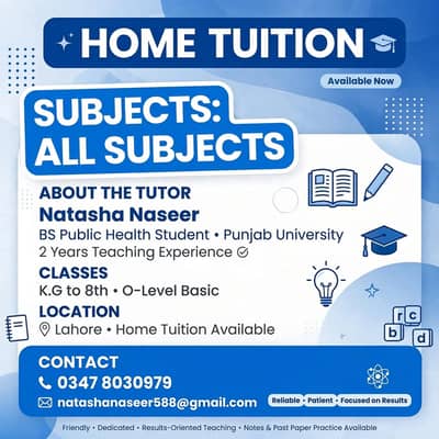 Female Home Tutor Available – Class 1 to 8 in Model Town Lahore