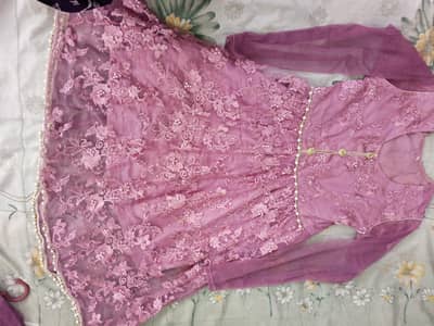 Tea Pink Short Frock 3-Piece - Embroidered Net Frok with Pearl work