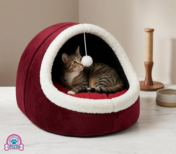 Luxury Plush Velvet Cat Cave Bed with Fleece Trim & Hanging Pom-Pom Toy – Cozy Igloo House Sanctuary for Cats, Persian Kittens & Small Pets