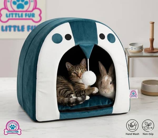 Cute Penguin-Shaped Plush Velvet Cat Cave Bed with Hanging Toy Ball – Soft Enclosed House for White Persian Kittens & Small Pets