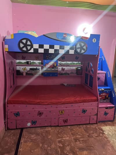 Wooden bunk bed, a sliding bed underneath - shelf, drawers & stairs