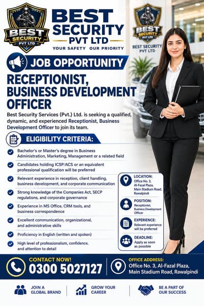 Female Receptionist Required / Female Jobs / Urgent Hiring