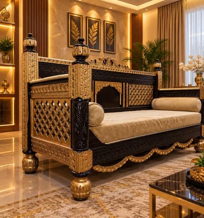 Beautiful Royal Wooden Dewan – Elegant Golden Carved Design