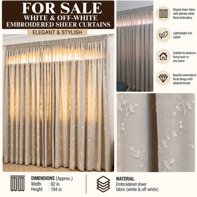 White & Off-White Embroidered Sheer Curtains | 82 × 104 Inches