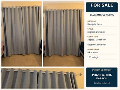 Blue Jute Eyelet Curtains | 84 × 100 Inches | New Excellent Condition